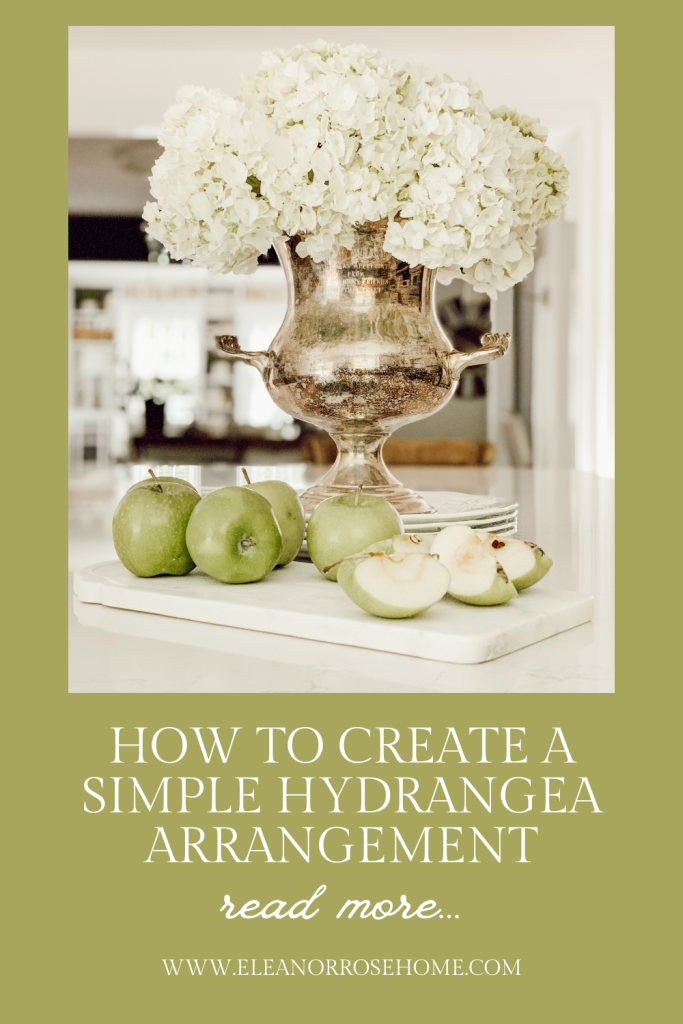 Pinterest graphic with how to create a simple hydrangea floral arrangement.