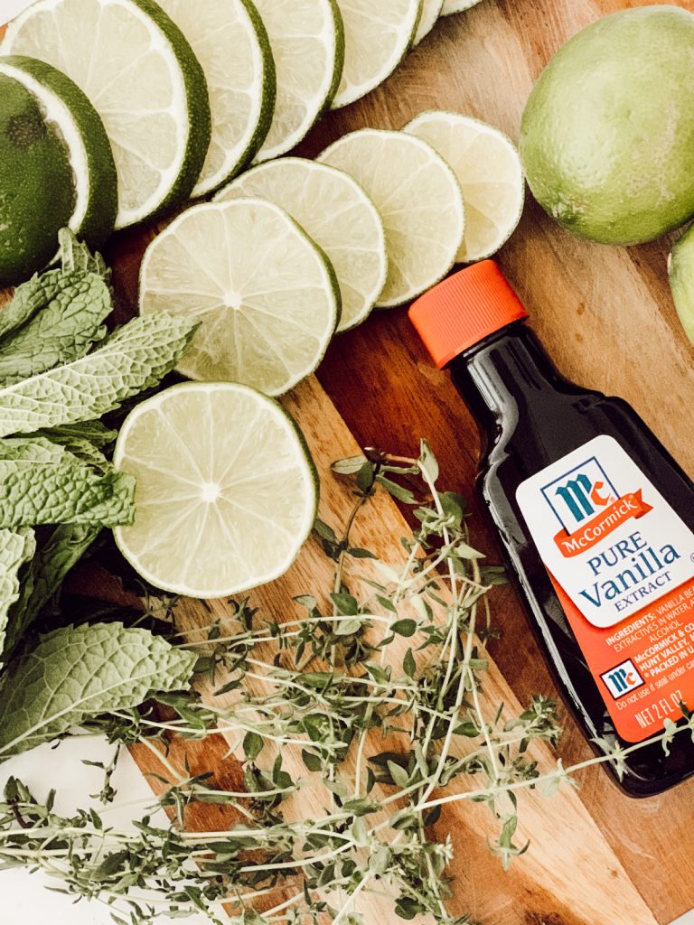 All green simmer pot with limes, thyme, mint, and vanilla extract. 