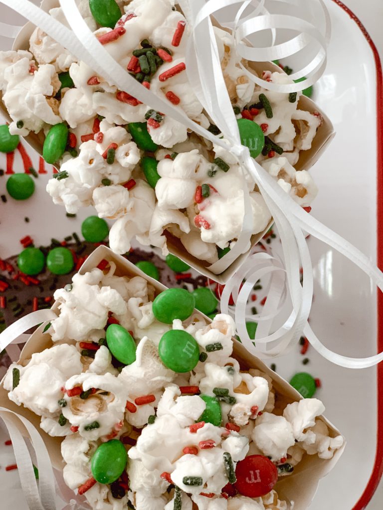 Tray of Christmas popcorn for the holiday season.