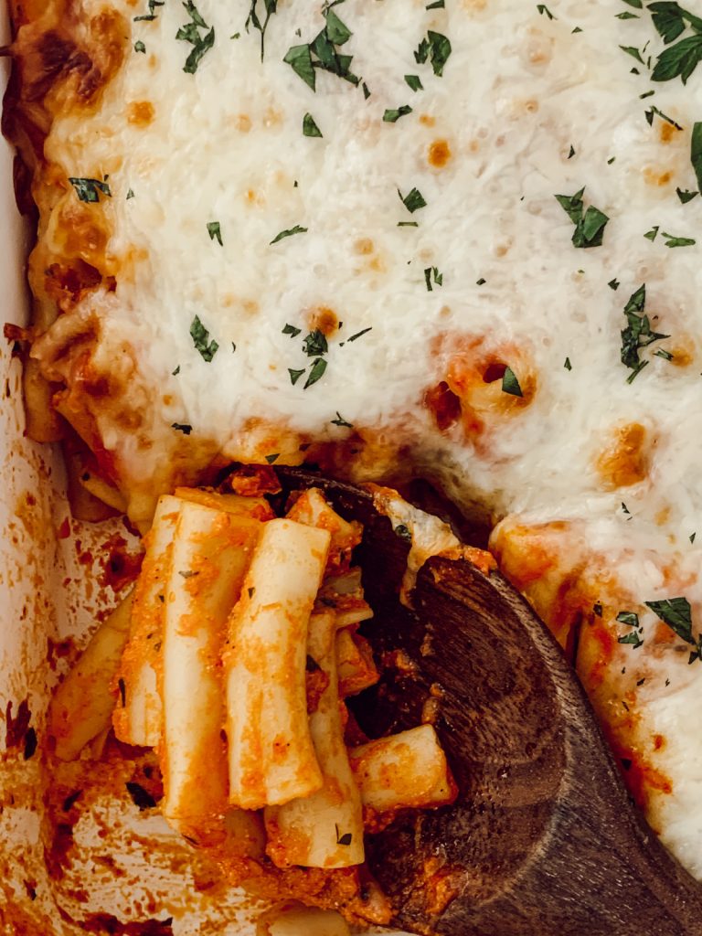 Baked ziti casserole is an easy to make weeknight meal.