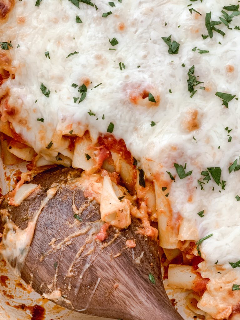 Italian casserole dinner recipe with ziti, tomato sauce, and cheese.