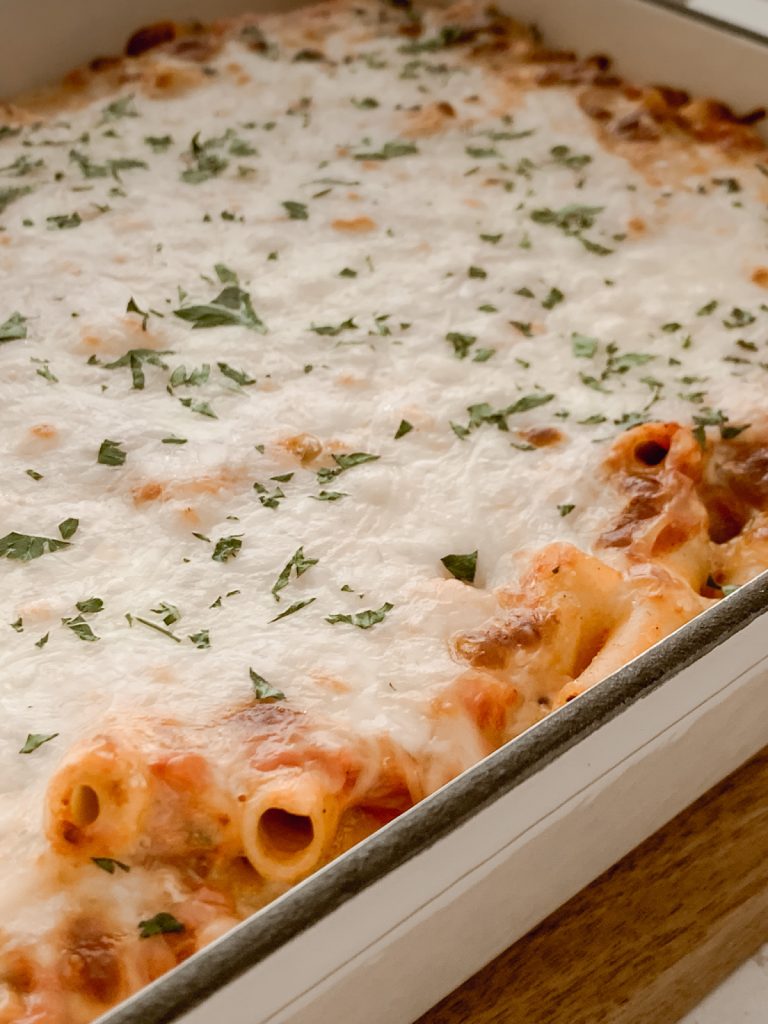The best baked ziti recipe with pasta, marinara sauce, and a combination of cheeses.