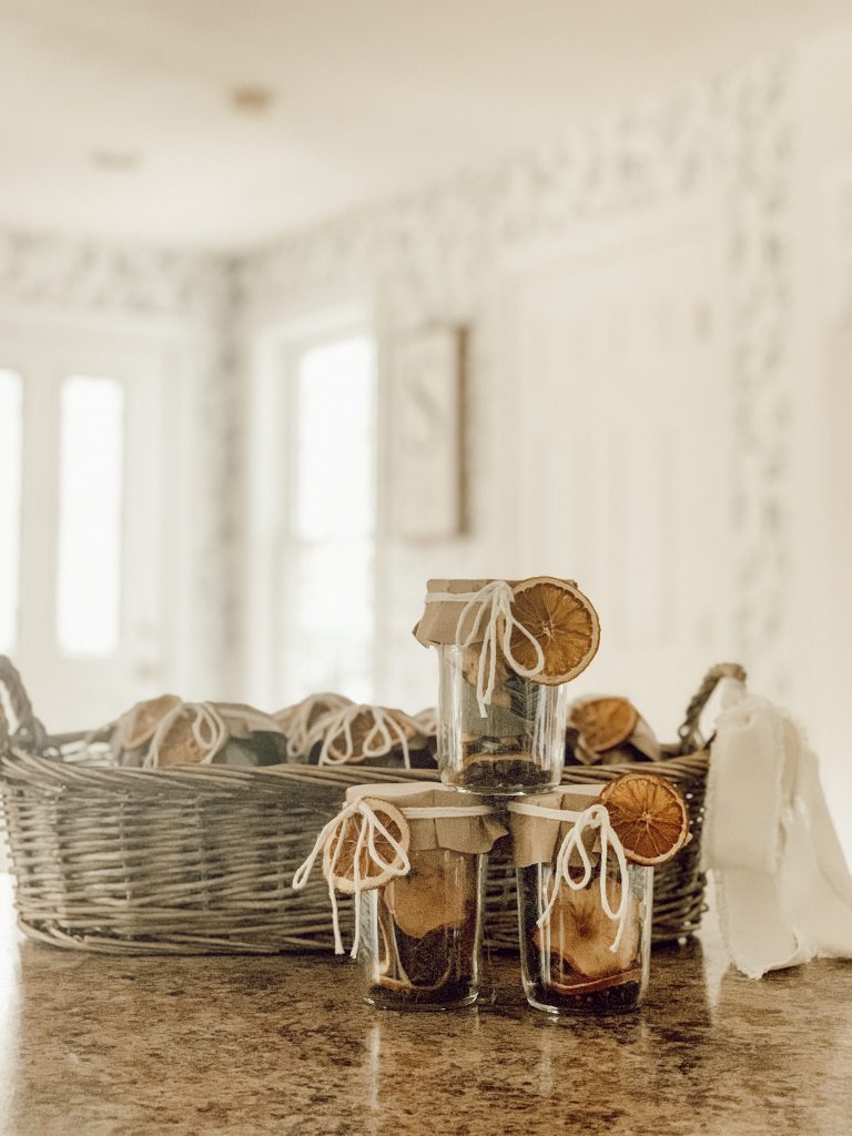 Dried stovetop potpourri in mason jars for a Christmas gift idea.