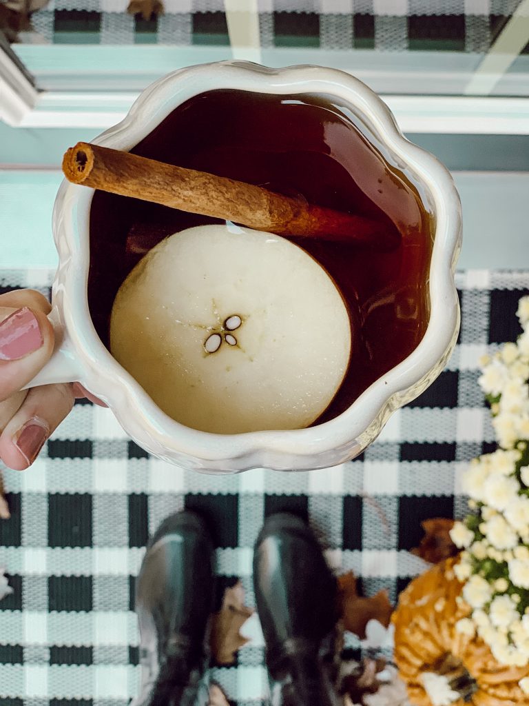 Fall decorations at the entrance of our home with seasonal flowers, pumpkins, and a plaid rug.