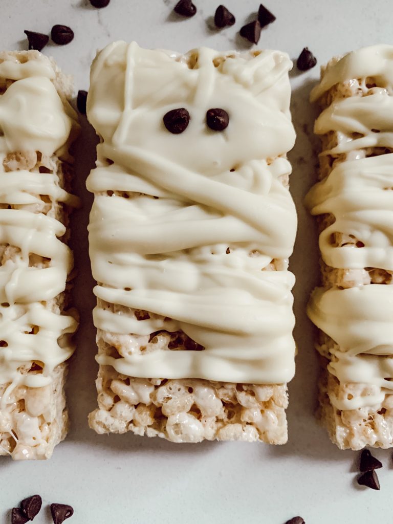 Mummy shaped halloween Rice Krispie treat recipe.