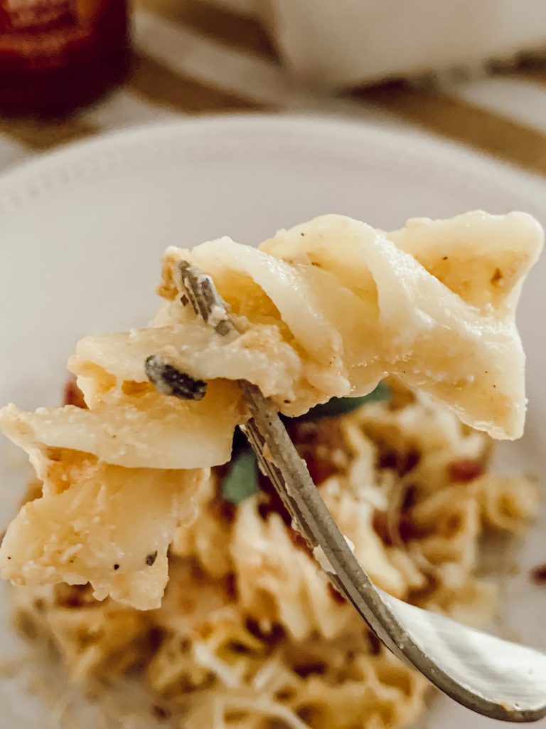 Creamy pumpkin casserole with pumpkin sauce and cheese.