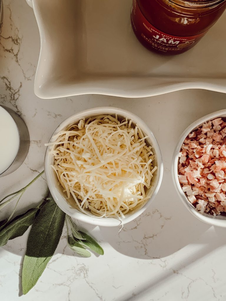 Parmesan cheese, pancetta, and fresh sage leaves for pumpkin casserole.