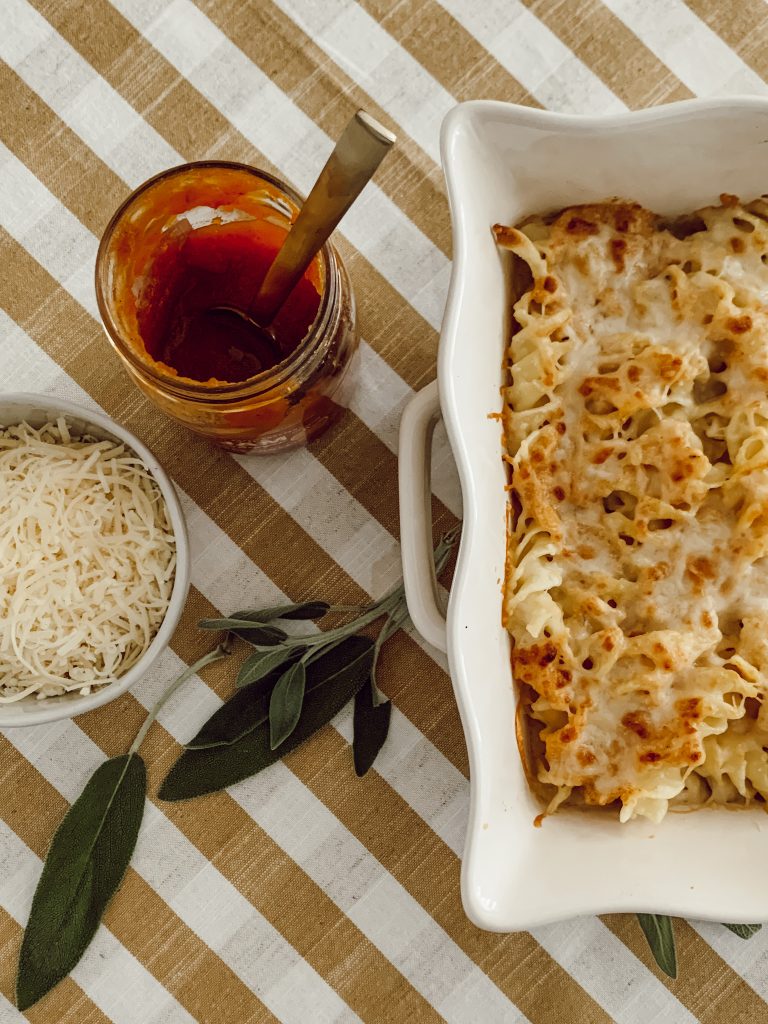 Creamy pumpkin casserole with fried sage for pumpkin season.
