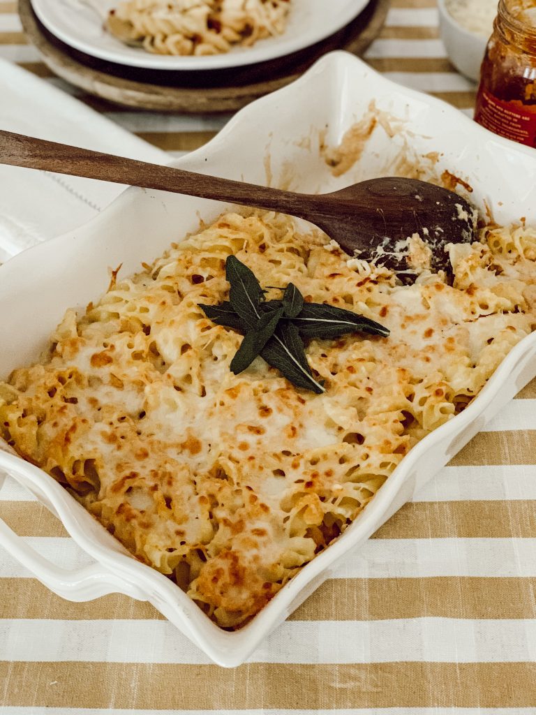 Pumpkin pasta casserole that can be made with pumpkin puree or canned pumpkin.