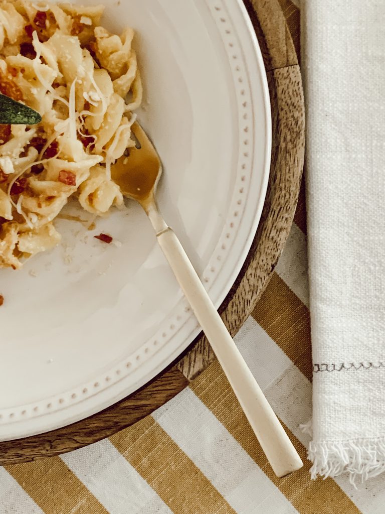 Pumpkin pasta recipe for pumpkin season with short cut pasta and cheese.