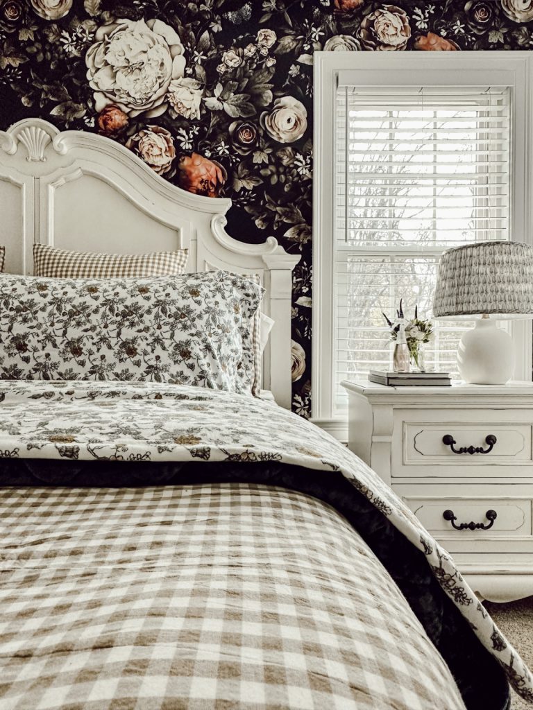 Cozy cottage farmhouse bedroom in a spring home tour.