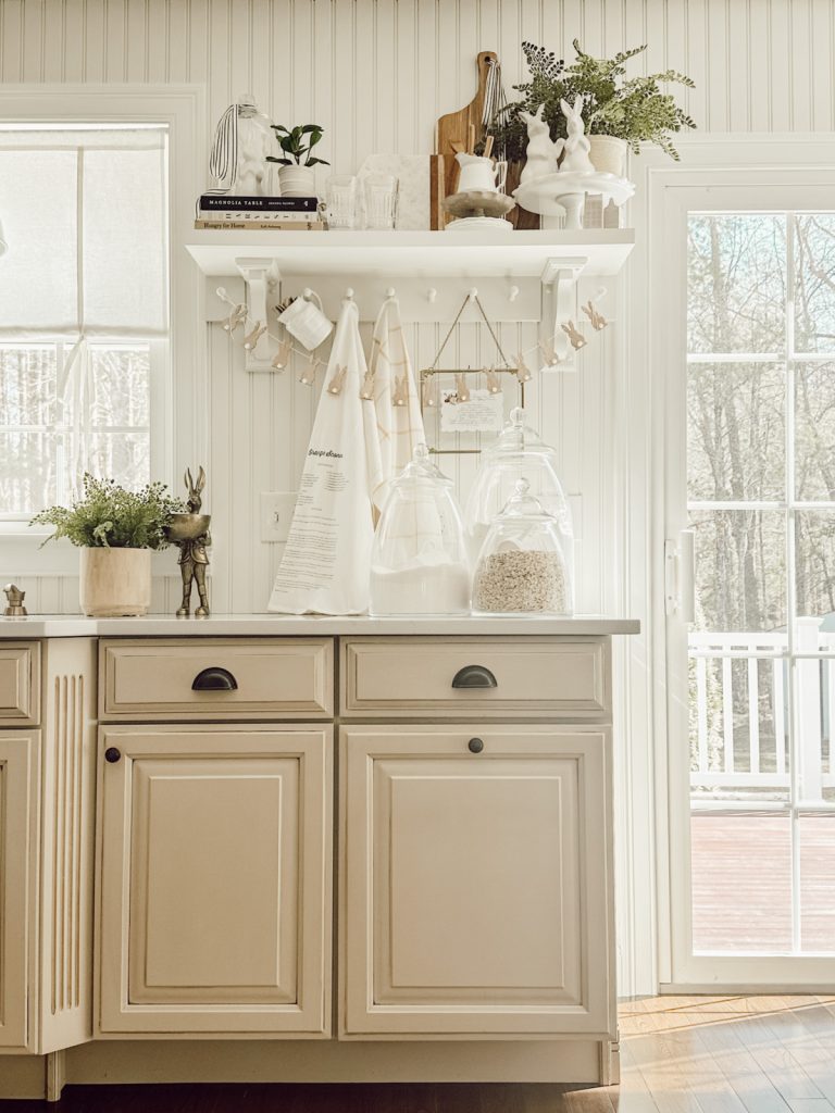 Cottage farmhouse kitchen decorated for spring & Easter.