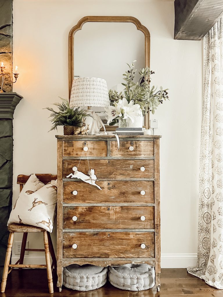 Budget friendly Easter decor with rabbits & Easter lilies.