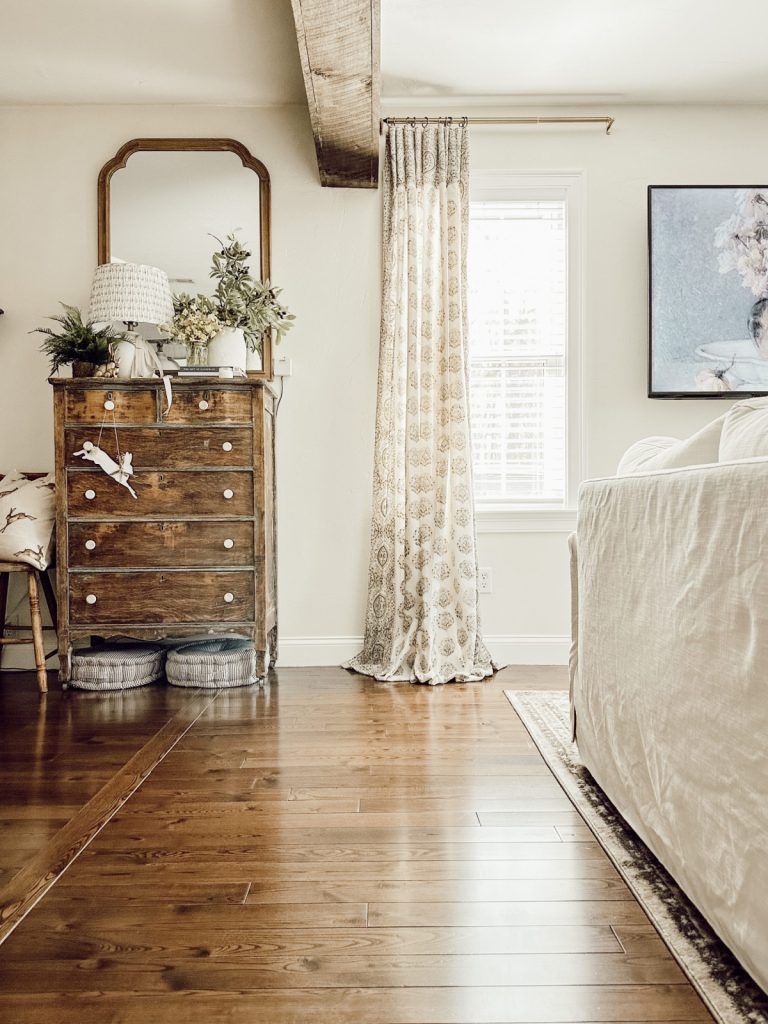 Dresser and curtains in the living room for the spring home tour.