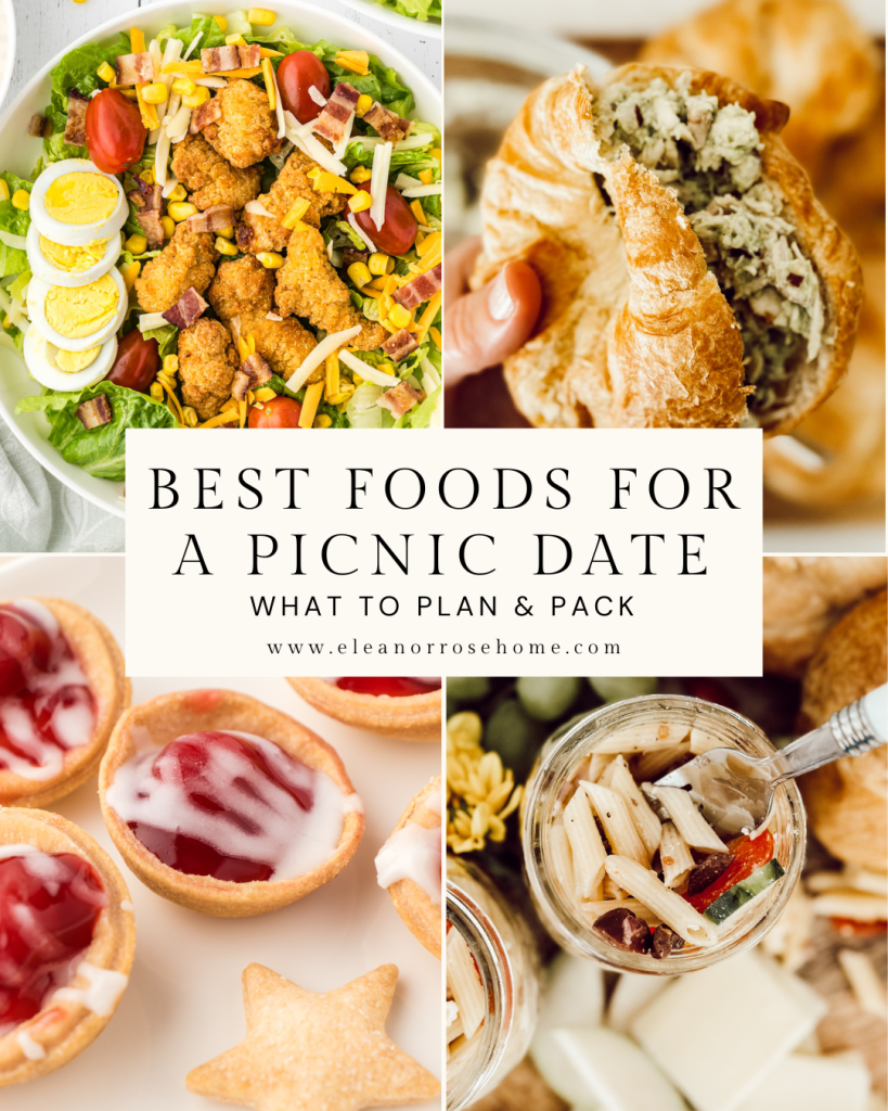 Pinterest graphic with picnic food ideas like a simple salad, chicken salad sandwich, mini cherry pies, and Italian pasta salad for a romantic picnic date.