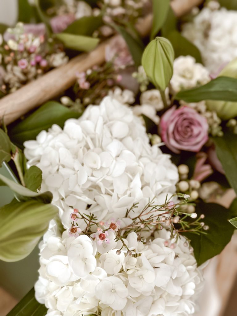 Fresh spring flower arrangement with hydrangeas.