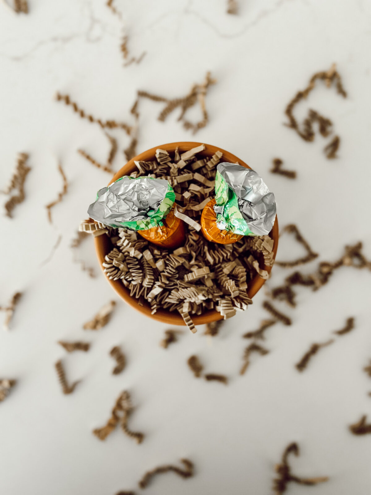 Insert two of the chocolate carrot candies inside of the spring flower pot.