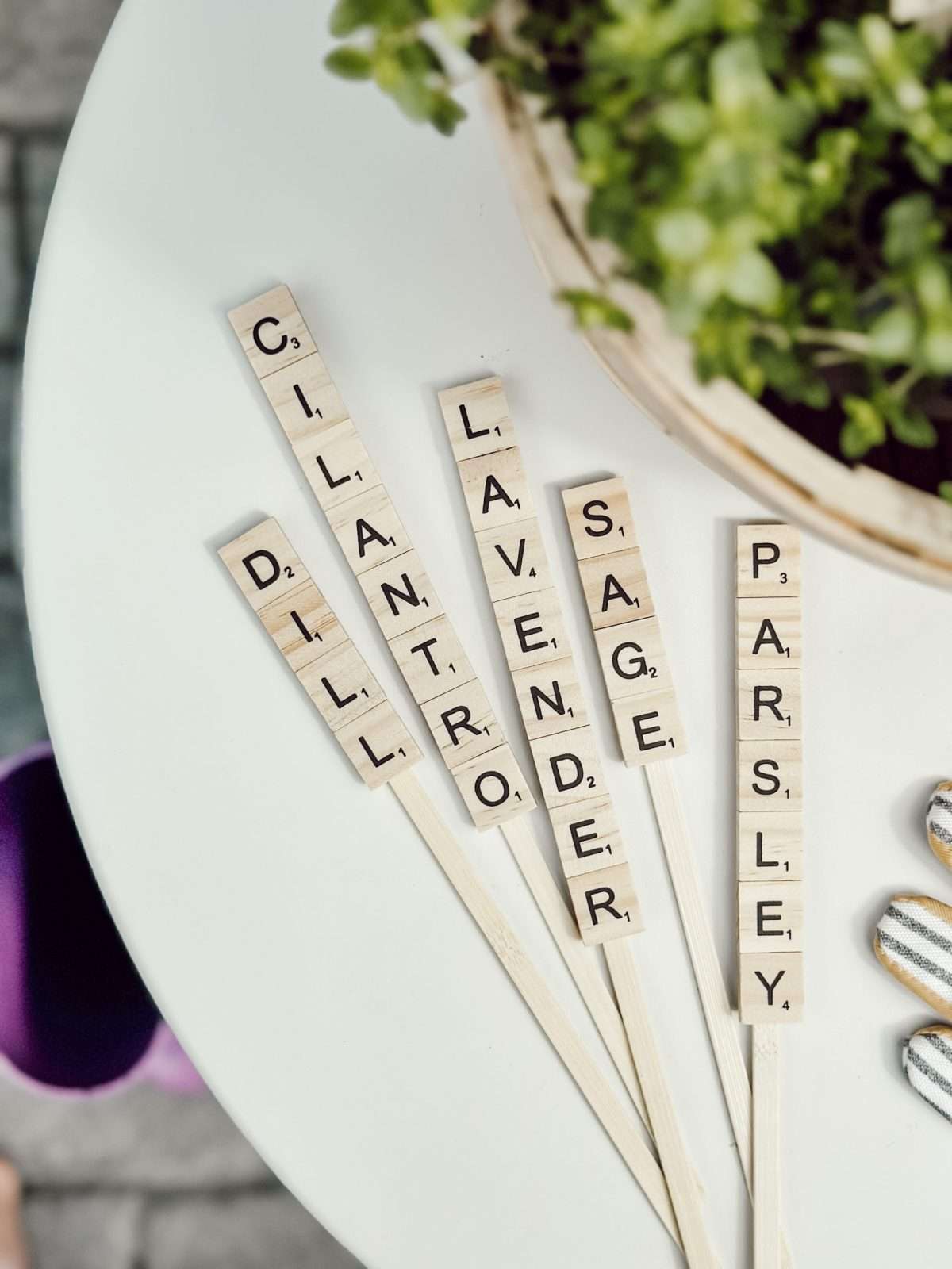 DIY herb markers are easy to make with scrabble tiles & bamboo sticks.