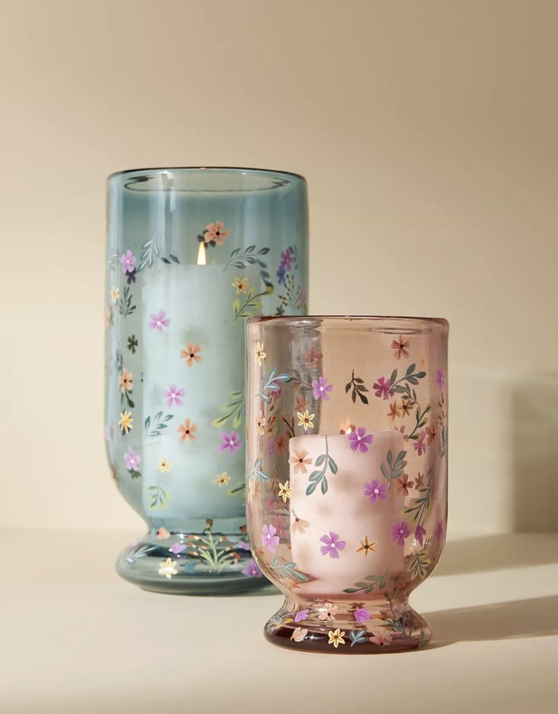 Floral hurricane vases etched with flowers are a great Mother's Day Gift.