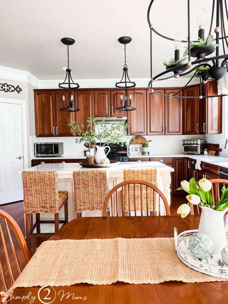 DIY kitchen decor in a kitchen with cherry cabinets.