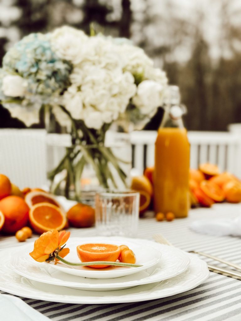 A hydrangea & tulip centerpiece for a spring table for mom.