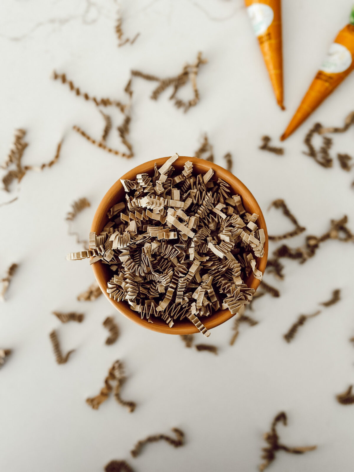 Fill the terra cotta pot with brown crinkled paper so it resembles soil.