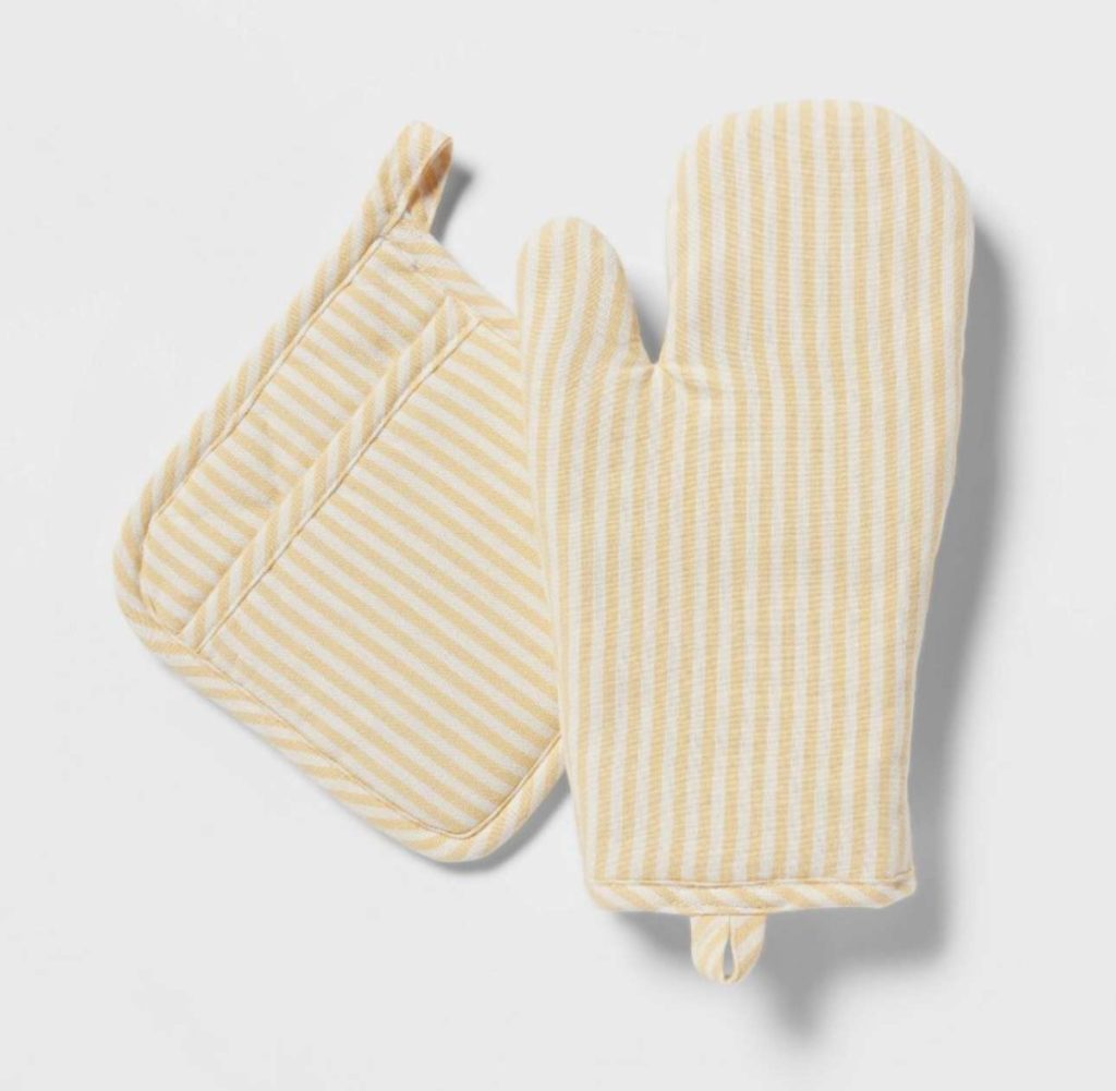 Yellow and white striped pot holder & oven mitt set from Target.