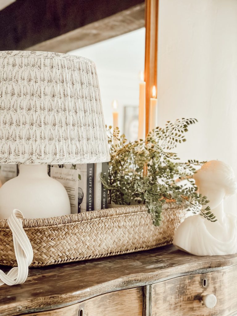 Decorating with baskets to create a vignette of like items.