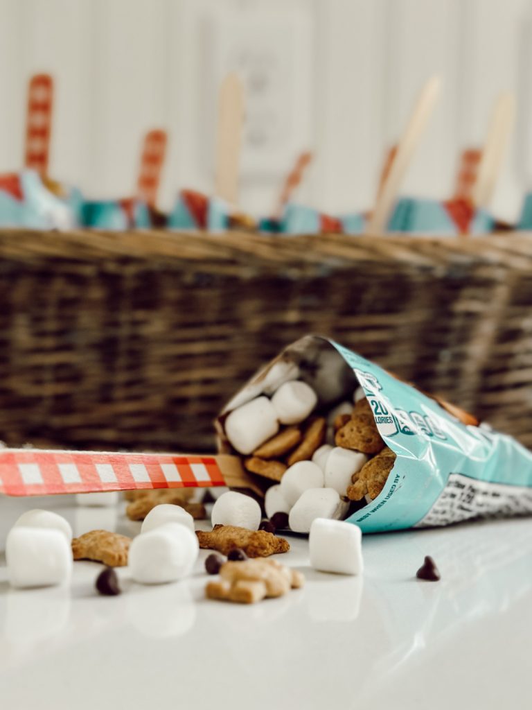 S'mores dessert in a bag is a walking dessert for summer with chocolate chips, marshmallows, and teddy grahams.