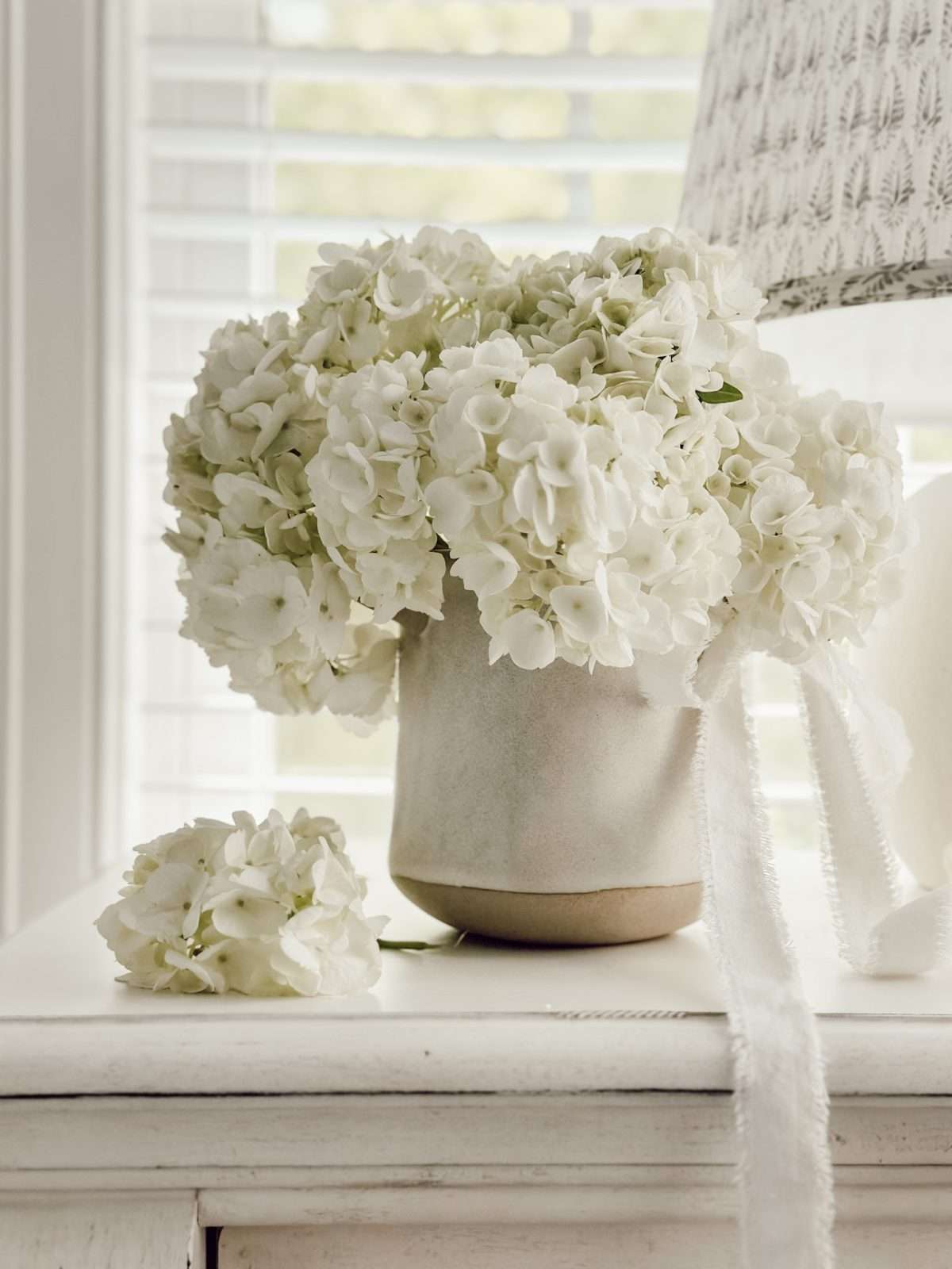 White hydrangeas in pot are a great summer home decor idea.
