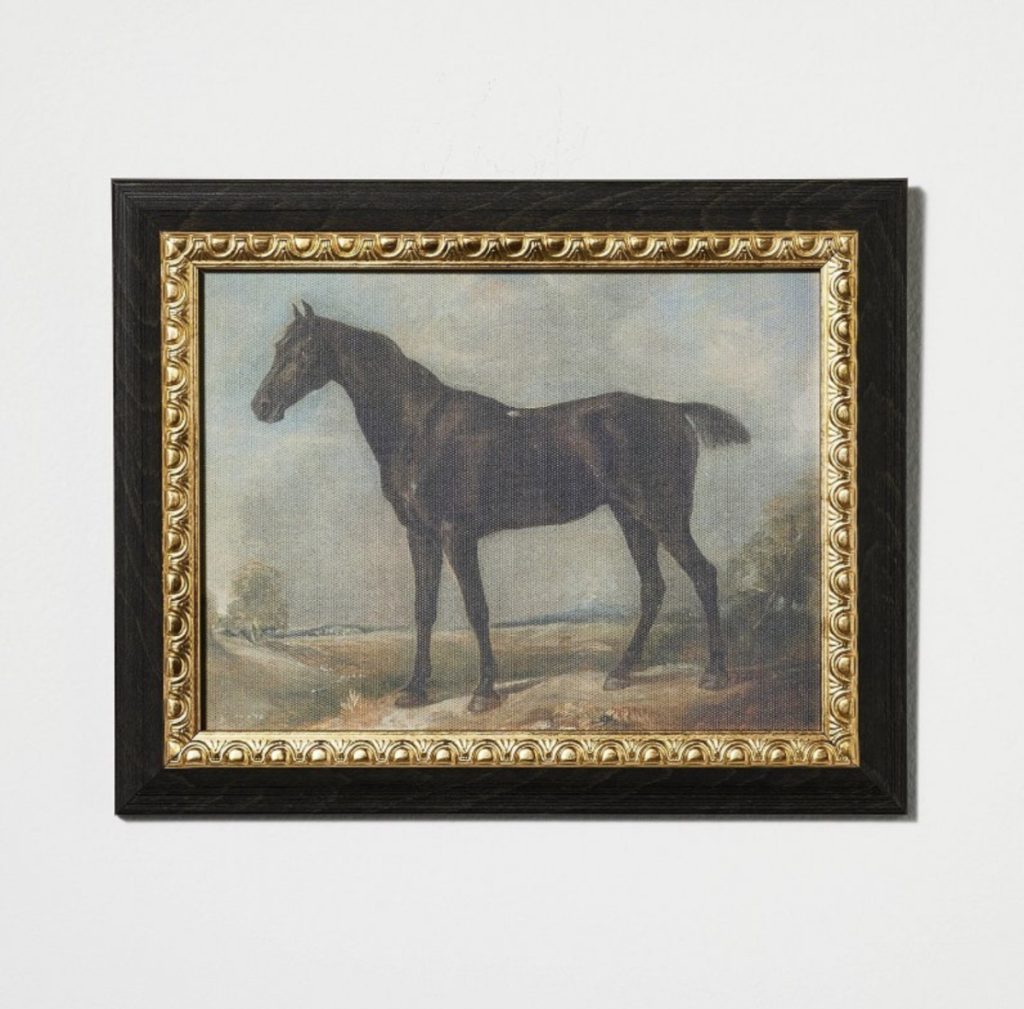Framed horse print for the wall of a farmhouse style home.