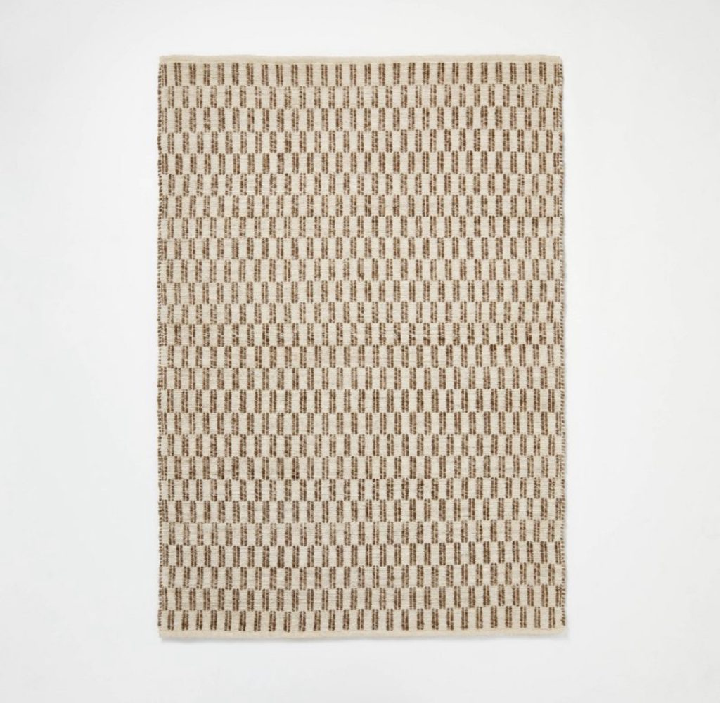 Neutral floor rug for a living room, bedroom, or dining room.