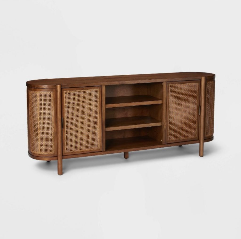 Caned console table at Target for storage.