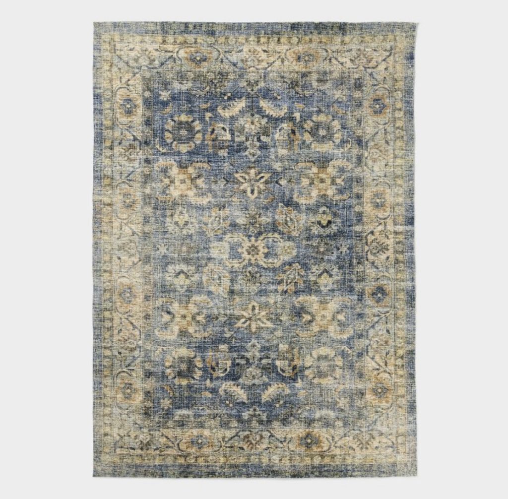 Floor rug with shades of blues, greens, and tan colors.