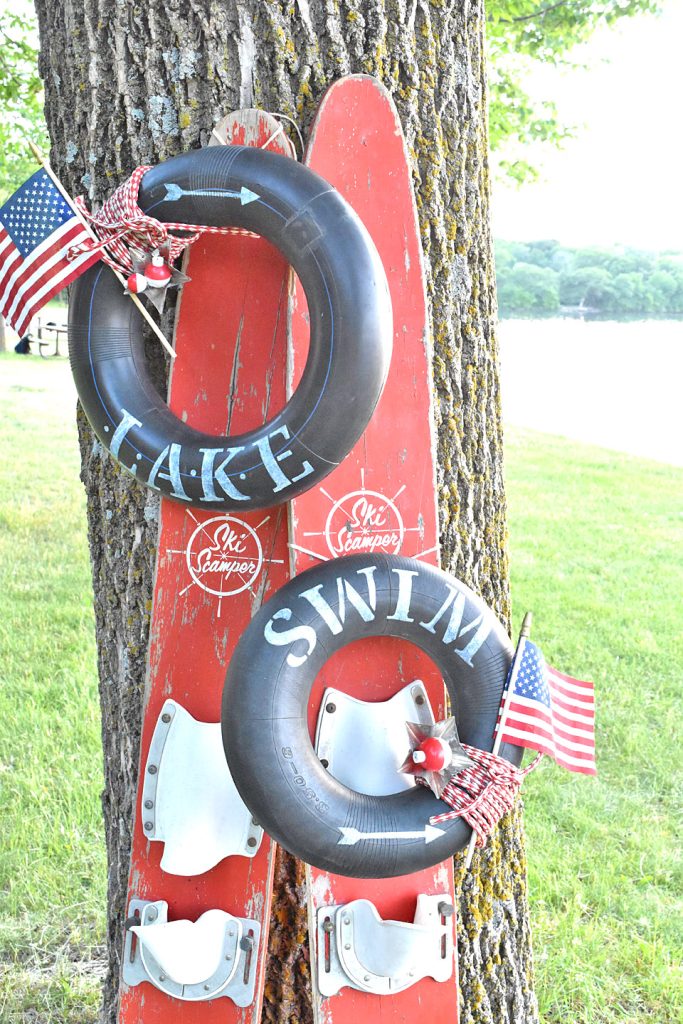 Summer wreath for a lakeside home with red, white, and blue colors.