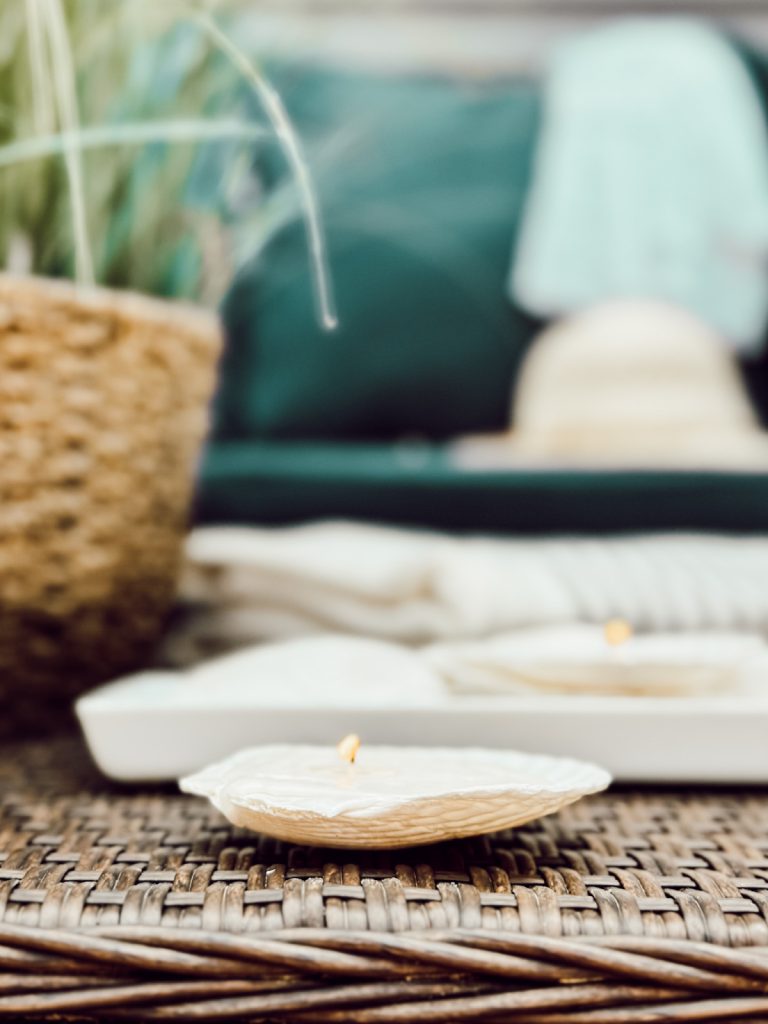 Beach inspired candles for coastal home decor inside or outside.