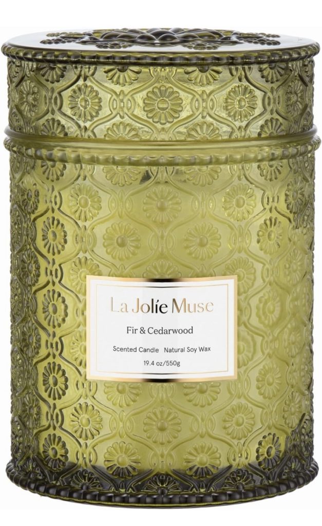 Candle in green glass vessel from Amazon.