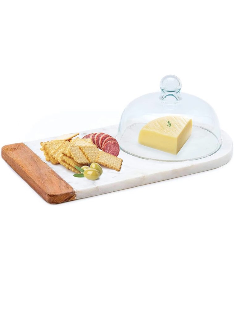 Marble and wood cheeseboard with cloche.