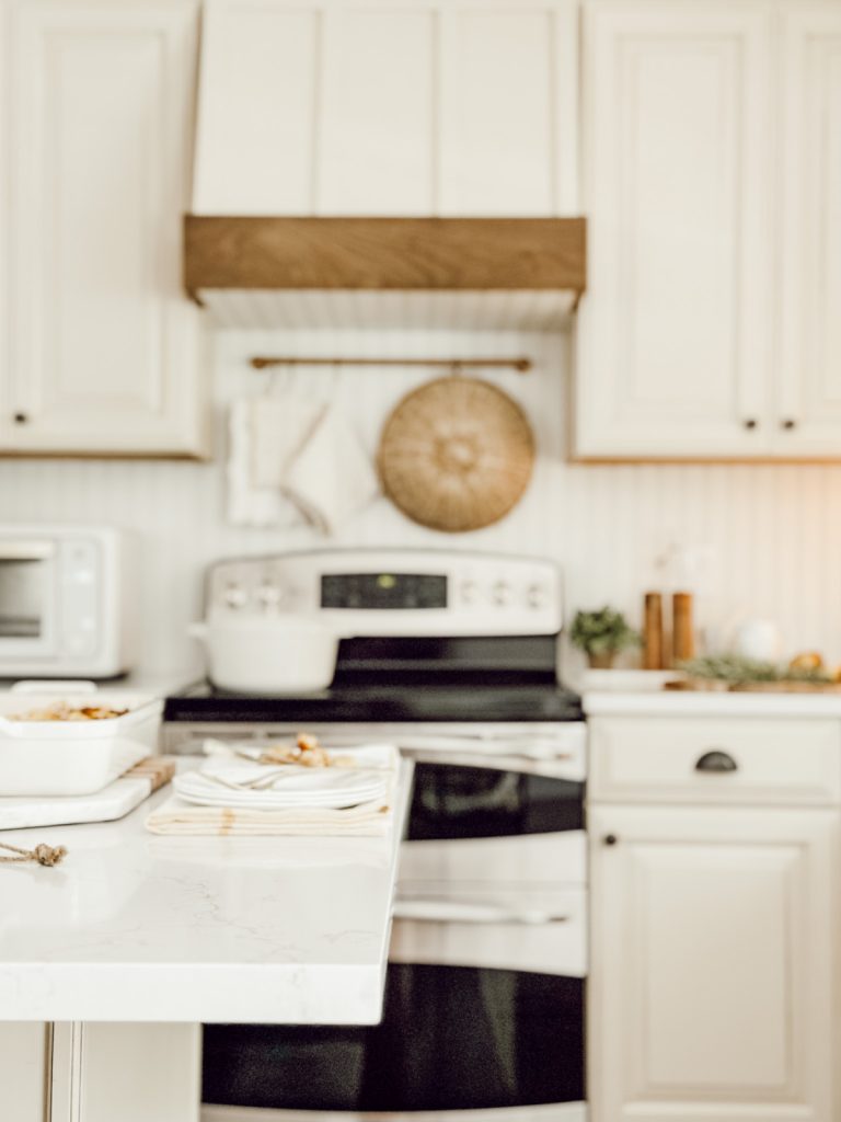 Cozy kitchen with ingredients to make a cozy peach dessert.