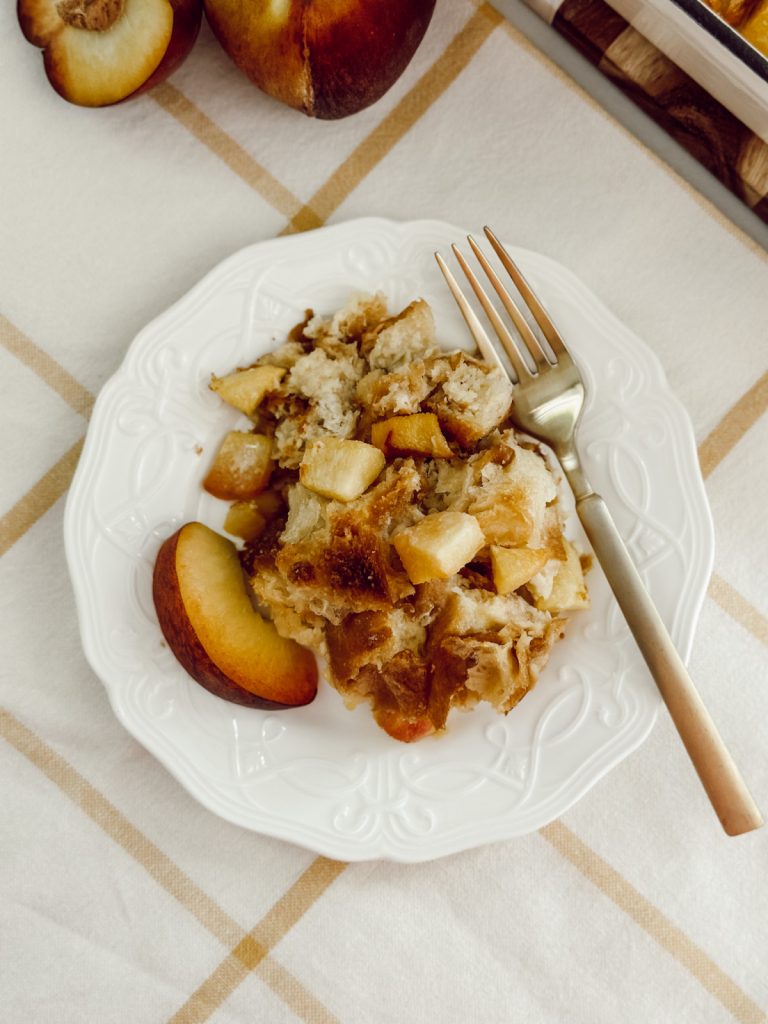 Delicious bread pudding recipe with peaches, buttermilk, and croissants.