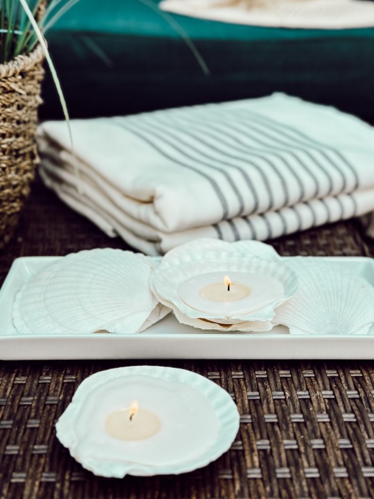 Homemade soy candles with soy wax for coastal decor.