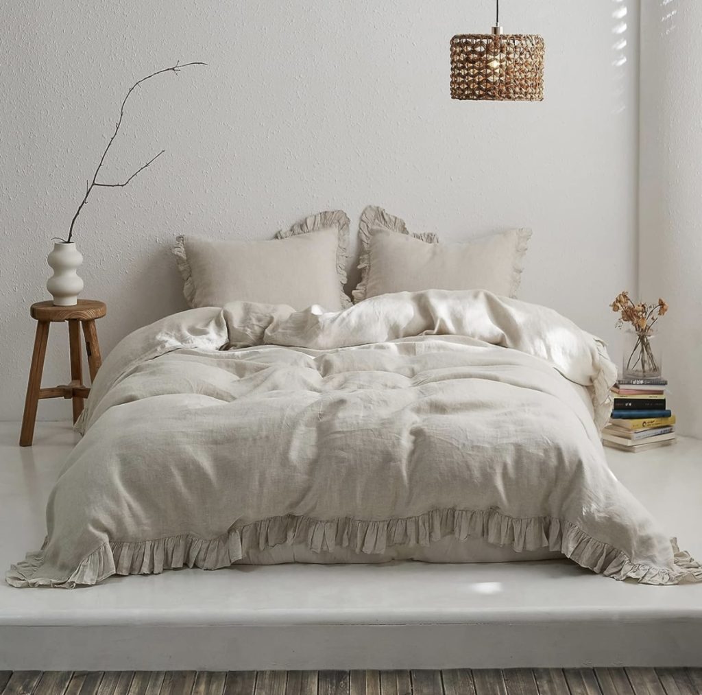 Linen duvet and shams with ruffled edges from Amazon.
