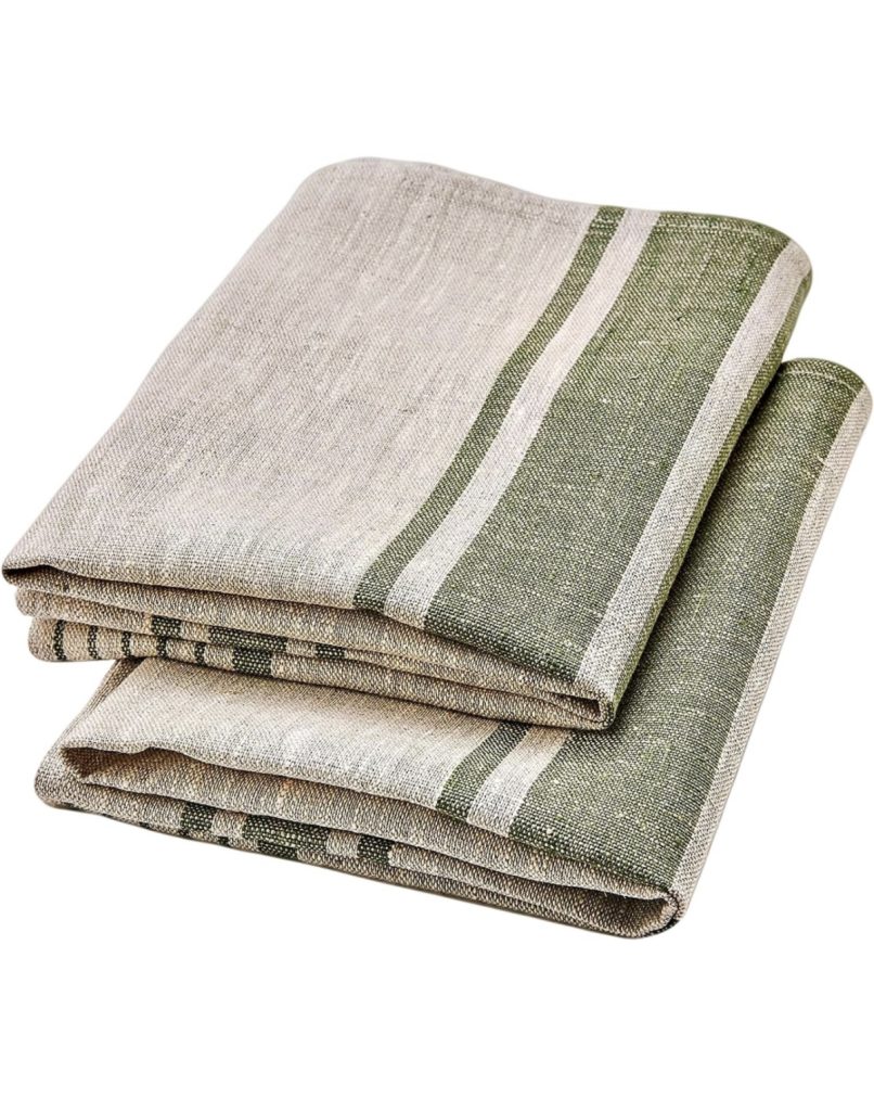 Linen tea towels with green stripes for a farmhouse kitchen.