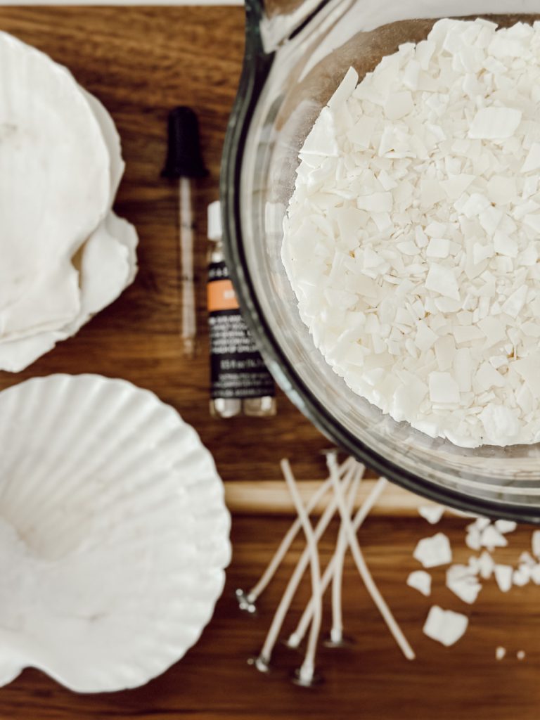 All the supplies you will need to make homemade shell candles.