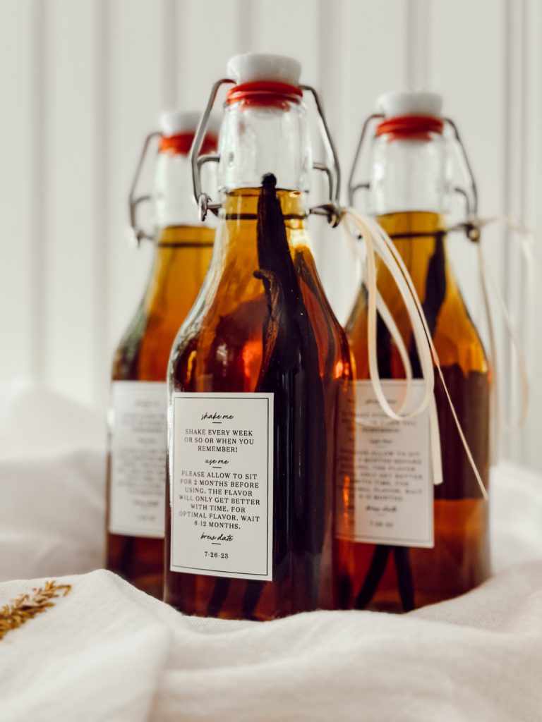 Bourbon extract in glass bottles for culinary creations.