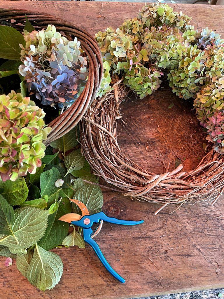 Fall DIY hydrangea wreath made with hydrangeas and a grapevine wreath.
