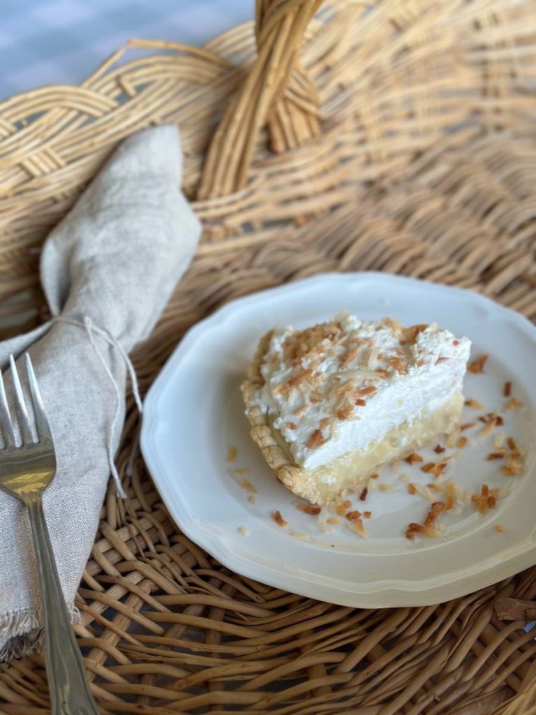 Coconut cream pie is a delicious dessert for a potluck dinner party.