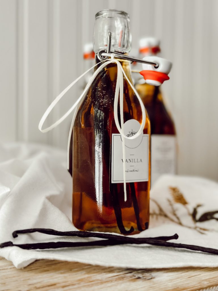 Homemade extract in small glass bottles for baking.