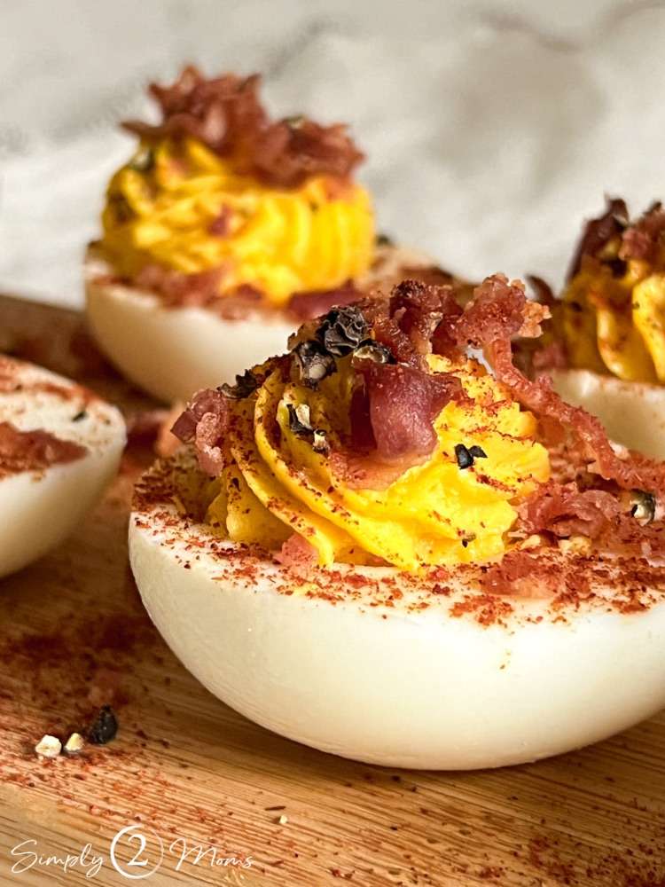 Southern style potluck dish idea, deviled eggs with bacon.