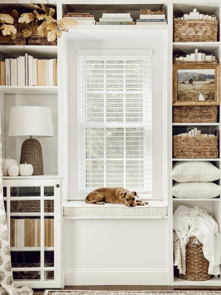 A cozy spot with old books and natural elements for fall living room decor.
